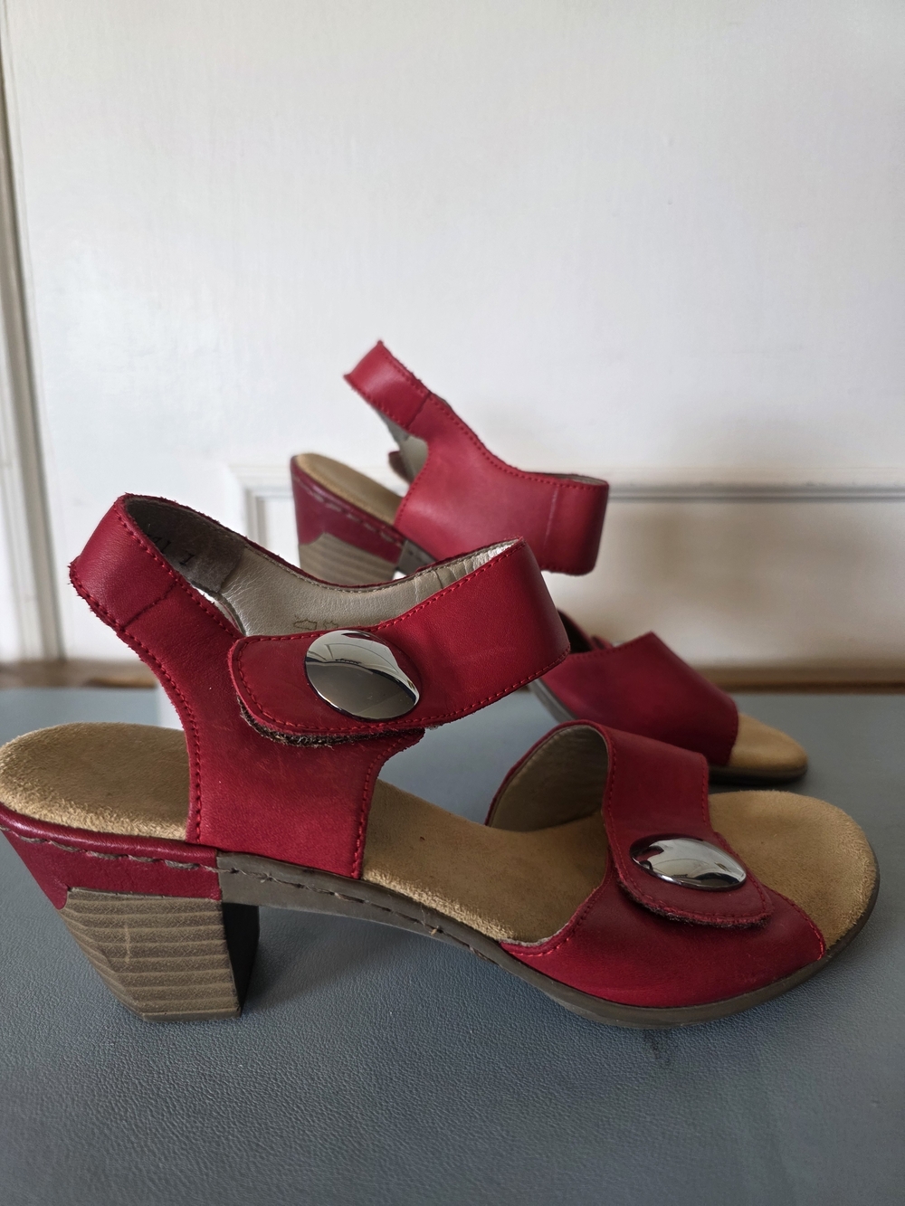 Rieker Red Leather Sandals Size 37 Comfort Block Heel Summer Travel Casual